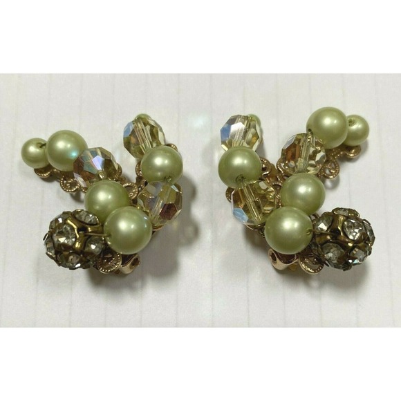 Vintage Mid Century Clip On Earrings Lemon Pearl Beads Crystals & Rhinestones - Picture 3 of 5